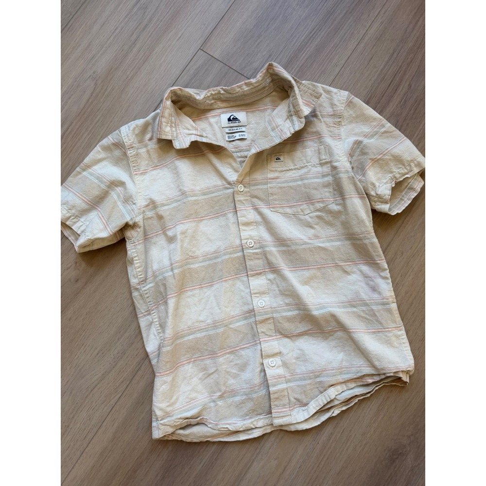 Quiksilver Mens Medium Regular Fit Striped Short Sleeve Button Down Shirt Cream